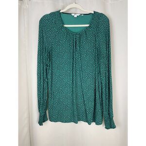 Boden Green Printed Long Sleeve Blouse Size US 10 – Smocked Neck Stretch Top